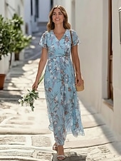cheap Elegant Floral Dresses-Women's Maxi Dress Chiffon Dress Swing Dress Floral Dress Print Dress Fashion Modern Outdoor Beach Vacation Regular Fit Floral Short Sleeve V Neck Blue Green Light Blue Summer