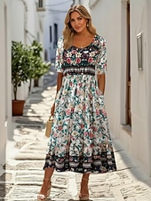 preiswerte Druck Blumen Kleider-Damen Midikleid Freizeitkleid A Linie Kleid Blumenkleid Elegant Mode Modern Outdoor Urlaub Ausgehen Normale Passform Blumen Halbarm V Ausschnitt Blau Rosa Königsblau Dunkelgrün Sommer Frühling