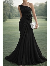 economico Abiti da Sera a Linea A-Linea ad A Lunghezza al pavimento Abito da Sera Da principessa Elegante Madre della sposa Senza Maniche Monospalla Matrimonio Formale Chiffon con Fiore ricamato Pieghe Arricciato