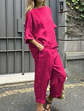 preiswerte Blusenanzüge für Damen-Damen Hosen-Sets Kunstbaumwollleinen Dreiviertelarm Rundhalsausschnitt Einfarbig Elegant Mode Streetwear Lässig Täglich Outdoor Schwarz Weiß Gelb Sommer Normale Passform