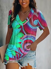  Damen T Shirt Druck Farbblock Sonnenblume Vintage Lässig Boho Kurzarm V Ausschnitt Normale Oberteile Täglich Blau Wein Königsblau Orange Grün Sommer Frühling