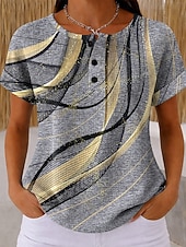  T-shirt en gaufre pour femmes impression graphique géométrique vintage élégant classique à manches courtes col rond hauts réguliers quotidiens noir et blanc noir blanc jaune rouge été printemps