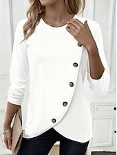 preiswerte Einfarbiges T-Shirt-Damen T Shirt T-Shirt Knöpfe Einfach Mode Stilvoll Klassisch Kurzarm Rundhalsausschnitt Normale Oberteile Täglich Ausgehen Wochenende Blau Schwarz Weiß Rote Grün Sommer Frühling Herbst