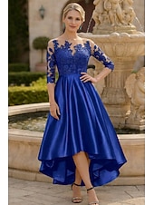 halpa Nilkkapituus-A-linja Epäsymmetrinen Polven yli Juhlamekko Coctail-asu Häävieraspuku Morsiammen äidin asu 3/4 hiha Kauha Tyylikäs Lyhyt ja matala Häävieras Syntymäpäivä Satiini Pitsi kanssa Laskokset Applikaatiot