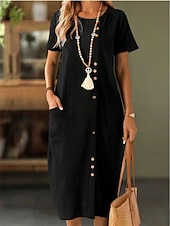 voordelige Jurken-Dames Halflange jurk Jurken met linnenlook Hemdjurk Zomerjurk Casual Dagelijks Normale pasvorm Effen Korte mouw Strakke ronde hals Marine Zwart Wit Leger Groen Zomer Lente Herfst