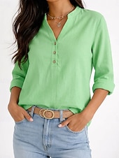 abordables Blusas Sencillas-Mujer Blusa Botones Color sólido Vintage Diario Elegante Manga Larga Escote en Pico Tops largos Diario Azul Piscina Negro Blanco Morado Verde Trébol Verano Primavera Otoño