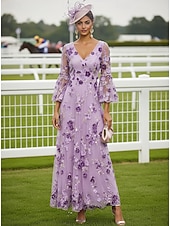 abordables Longitud a la altura del tobillo-Corte A Vestidos Hasta el Tobillo Vestido maxi Vestido de Fiesta Vestido Cóctel Vestido de Madrina Manga Larga Escote en Pico Elegante Vintage Lujoso Formal Invitado a la boda El derby de Kentucky