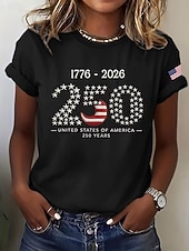  Giorno dell'Indipendenza Americana Per donna Maglietta Stampato Grafico Lettera Bandiera Americana Elegante Classico Casual Manica Corta Girocollo Top Regolari Quotidiano Blu Nero Bianco Rosso Estate