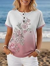 ieftine tricou floral-Pentru femei Tricou Imprimeu Nasturi de piept Floral Grafic Stilat Modern Casual Manșon scurt Henley Topuri obișnuite Zilnic Albastru piscină Galben Roz Îmbujorat Mov Trifoi Vară Primăvară