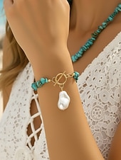abordables Collier pour femme-Ensemble collier et bracelet pour femme, perles d'imitation et perles turquoise, multicolore, style bohème, parfait pour les vacances, les voyages, le quotidien et les tenues décontractées.