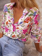 economico Bluse Floreali-Per donna Blusa Patchwork Bottoni Stampato Floreale Grafico Vintage Quotidiano Elegante Manica Lunga Colletto a Camicia Top Regolari Quotidiano Giallo Rosso Estate Primavera