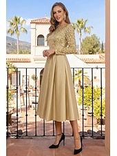 economico Abiti da cocktail-Linea ad A Lunghezza Tè Abiti da Cocktail Abiti da festa Elegante Brillanti Manica Lunga Girocollo Natale Ospite di nozze Raso Velluto con Pieghe Paillettes