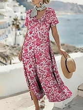 economico Abito Boho da Vacanza-Per donna Abito maxi Abito Boho Vestito Casual Abito a trapezio Abito Stampato Vintage All'aperto Vacanza Weekend Vestibilità regolare Floreale Grafico Manica Corta Scollo a V Blu Viola Fucsia