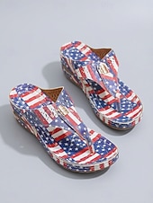  dame rødblå USA 250-årsjubileumsflaggtrykk kileformede flip-flop-sandaler, patriotiske komfortable sommerslippers til uavhengighetsdagen og høytidsfester &fritidsklær