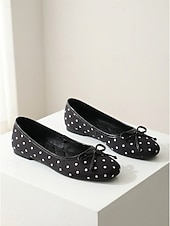preiswerte Ballerinas für Damen-Schwarze Damen-Ballerinas mit Polka-Dots – klassische, runde Slipper zum Hineinschlüpfen mit Schleifenverzierung für Büro und Alltag &amp;Freizeitkleidung
