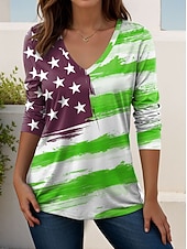 ieftine Ziua Independenței Top-Ziua Independenței Americane Pentru femei Tricou Imprimeu Grafic Steagul american Epocă Stilat Clasic Manșon Lung În V Topuri lungi Zilnic Sfârșit de săptămână Albastru piscină Roz Îmbujorat