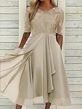 preiswerte Chiffonkleider-Damen Midikleid Spitzenkleid Cocktailkleid Kleid für Hochzeitsgäste Chiffonkleid Elegant Formell Party Hochzeit Normale Passform Halbarm Rundhalsausschnitt Blau Rosa Wein Dunkelgrün Sommer