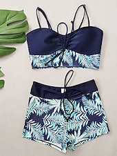 baratos Tankinis-Mulheres Roupa de Banho Tankini Cavado roupa de banho Patchwork Férias Roupa de Praia Gráfico Decote Redondo Sem Manga Fatos de banho