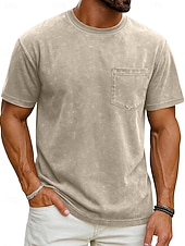 billiga grundläggande t-shirts-Herr T-shirt Tvätta skjorta i 100 % bomull Kortärmad Rund hals Sommar Vår Alla årstider Ensfärgat Elegant Vintage Neutral Ficka Färgade plagg Bedrövad Ledigt Hem Utomhus Svart Rosa Brun Topp t-shirt
