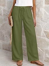 tanie Statki-Damskie Lniane spodnie Spodnie Spodnie codzienne Letnie spodnie Urlop Moda Podstawowy Pełna długość Średia talia Równina Ściągana na sznurek Elastyczny pas Prosta noga Lekki Oddychający Nieelastyczny