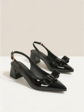 voordelige Slingback Pumps-Elegante damespumps van marineblauw lakleer - chique pumps met spitse neus en strik. &amp;Stevige blokhak voor kantoorwerk, business casual &amp;dagelijkse professionele kleding