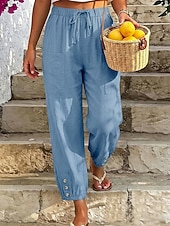 Χαμηλού Κόστους Κάτω-Γυναικεία Βαμβακερό λινό παντελόνι Καλοκαίρι παντελόνι Παντελόνια με κοψίματα Παντελόνι παραλίας Απλός Καθημερινό Ανατομικό Μέχρι τον αστράγαλο Μεσαία Μέση Μονόχρωμες Τσέπη Ελαστική μέση Αναπνέει