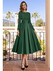 economico Abiti da cocktail-Linea ad A Lunghezza Tè Abiti da Cocktail Abiti da festa Elegante Brillanti Manica Lunga Girocollo Natale Ospite di nozze Raso Velluto con Pieghe Paillettes