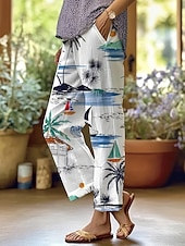 baratos Graphic Pants-Women's Slacks Straight Vacation Casual Full Length Natural Floral Graphic Tropical Pocket Printing Elastic Drawstring Design Comfy Comfort Comfortable Micro-elastic Outdoor Vacation Street White