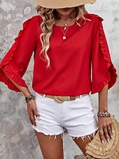 abordables Blusas Elegantes-Mujer Camisa Blusa Blusa con volantes Volante Plano Elegante Clásico Moderno Manga 3/4 Cuello Barco Tops regulares Diario Festivos Noche Negro Rojo Naranja Verde Trébol Albaricoque Verano Primavera