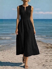 abordables Robes Fausse Essentielle-Robe maxi en lin-like pour femmes en faux coton robe en A robe d'été décontractée quotidienne coupe régulière sans manches col en V blanc été