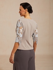 abordables Women's Tops-Women's Blouse Lace Tops Lace Floral Elegant Short Sleeve V Neck Daily Wedding Guest Gray Summer Spring Fall