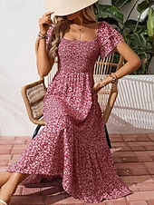 billiga Casual blommiga klänningar-Dam Midiklänning Vardagsklänning Swingklänning Blommig klänning Elegant Mode Modern Utomhus Semester Utekväll Normal Ditsy Floral Kortärmad Fyrkantig hals Blå Svart Rubinrött Purpur Sommar Vår