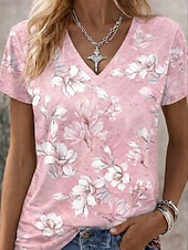 preiswerte Blumen-T-Shirt-Damen T Shirt Druck Blumen Grafik Pflanzen Vintage Stilvoll Klassisch Kurzarm V Ausschnitt Normale Oberteile Täglich Blau Weiß / blau Rosa Sommer Frühling