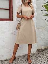 cheap Plain Dress-Women's Midi  Faux Cotton Linen  Dress A Line Dress Summer Dress Casual Daily Loose Fit Plain Short Sleeve Crew Neck Black Orange Army Green Apricot Summer
