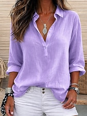 cheap Shirts-Women's Linen-feel Shirts Blouse Faux Linen Shirt Buttons Solid Color Stylish Casual 3/4 Length Sleeve V Neck Regular Tops Daily White Light Green Pink Purple Summer Spring Fall