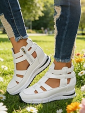 Χαμηλού Κόστους Αθλητικά Σανδάλια-Γυναικεία λευκά σανδάλια με κοψίματα, casual παπούτσια για περπάτημα με κρυφό τακούνι και φερμουάρ για υπαίθριο περπάτημα, ταξίδια &amp;καθημερινή χρήση
