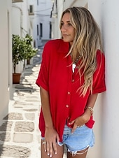 billige Enkle bluser-Dame Skjorte Knapper عادي Grunnleggende Moderne Halvlange ermer Skjortekrage Vanlige topper Daglig Svart Hvit Rød Lilla Fuksia Sommer