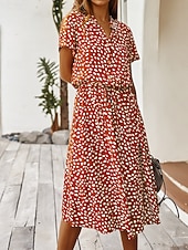 billige Uformelle blomsterkjoler-Dame Midikjole Uformell kjole Floral kjole Elegant Mote Moderne utendørs Feriereise Ut på byen Normal Blomstret Kortermet V-hals Blå Hvit Gul Navyblå Sommer Vår