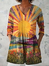  Damen Bluse Druck Grafik Sonne Urlaub Täglich Lässig Dreiviertelarm V Ausschnitt Normale Oberteile Täglich Ferien Ausgehen Orange Sommer Frühling Herbst
