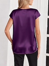 preiswerte Einfache Blusen-Damen Satin-Top Bluse Einfarbig Stilvoll Basic Lässig Kurzarm V Ausschnitt Normale Oberteile Täglich Blau Schwarz Weiß Champagner Rote Sommer Frühling Herbst