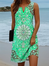 preiswerte Boho Kleider-Damen Minikleid Shiftkleid Sommerkleid Urlaub Lässig Boho Täglich Ferien Ausgehen Normale Passform Grafik Stammes Ärmellos Einkerbiger Ausschnitt Blau Rote Orange Grün Sommer Frühling