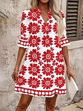cheap Floral Dress-Women's Mini Dress Shift Dress Casual Dress Print Dress Fashion Modern Daily Vacation Going out Regular Fit Floral Long Sleeve V Neck Blue Black Red Fuchsia Spring Fall
