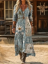 economico Abito Boho Etnico-Per donna Abito maxi Abito Boho Abito Vintage Vestito Casual Vintage Quotidiano All'aperto Vacanza Vestibilità regolare Floreale Manica Lunga Scollo a V Blu Giallo Chiaro Verde chiaro Viola chiaro