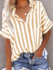 economico Camicie-Per donna Camicie effetto lino Blusa Camicia in finto lino Bottoni Stampato A righe Elegante Casual Mezza Manica Colletto a Camicia Top Regolari Quotidiano Blu Nero Giallo Rosa Verde Estate Primavera