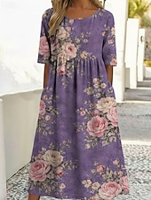  女性用 ミディドレス カジュアルドレス プリントドレス ヴィンテージ アウトドア バケーション お出かけ ルーズフィット フラワー グラフィック ハーフスリーブ クルーネック ブルー ライトパープル パープル グリーン 夏 春