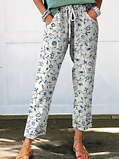 preiswerte Gerade geschnittene Hose-Damen Chinos Gerade Urlaub Streetwear Lässig Volle Länge Mittlere Taillenlinie Blumen Grafik Kordelzug Tasche Drucken Bequem Komfort Atmungsaktiv Mikroelastisch Täglich Outdoor Streetwear Blau