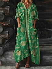 billige Etnisk Boho Kjole-Dame Maxikjole Boho-kjole Uformell kjole Print kjole Årgang utendørs Feriereise Helg Løstsittende Blomstret Grafisk Langermet V-hals Blå Vin Lilla Grønn Sommer Vår Høst