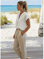 abordables Camisas-Women's 100% Cotton  Shirt Button Up BlouseButtons Plain Daily Basic Casual Short Sleeve V Neck Regular Tops Daily Holiday Going out White Summer