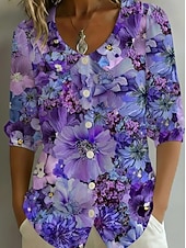 preiswerte Blumenblusen-Damen Hemd Boho-Hemd Blumen Elegant Bohemien Täglich Strandbekleidung Urlaubskleidung Blau Weiß Purpur Rosa Leicht Blau Sommer Frühling