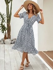 economico Abiti Floreali Stampati-Per donna Abito Midi Abito Boho Vestito in Chiffon Abito Floreale Moda Moderno Vacanza Ferie Vestibilità regolare Fiore Manica Corta Scollo a V Blu Verde chiaro Rosso Blu marino Estate